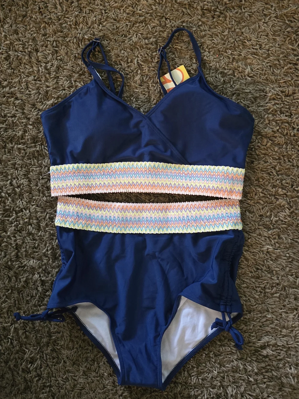 Girls. Navy High-Waist Bikini Set with Zigzag Trim. Size 15/16 Years. NWT.
